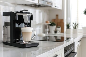 Coffee machine making coffee on white marble table in modern kitchen