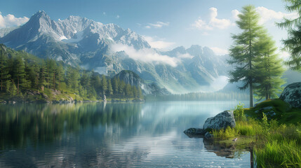 Fototapeta na wymiar Serene mountain lake reflecting a crisp, clear sky amidst towering alpine peaks. 