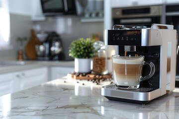 Coffee machine making coffee on white marble table in modern kitchen