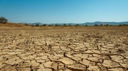 A withered, parched landscape under a cloudless sky, symbolizing the severity of drought