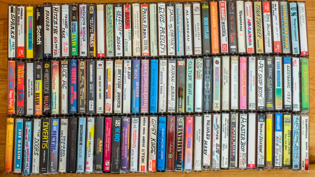 Giurgiu, Romania - April 21, 2016. Audio cassette collection, top view