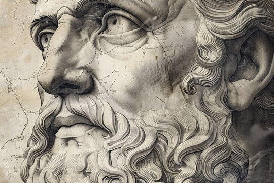 Ancient Greek portrait poster with a guilloche pattern detailing an engraved man's head for a digital historic currency design.