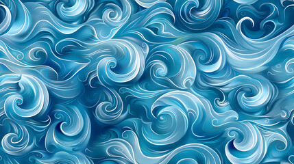 A seamless pattern illustrating ocean waves in calming shades of blue. This repeating design showcases the dynamic flow of water, ideal for aquatic-themed backgrounds and decorative projects.