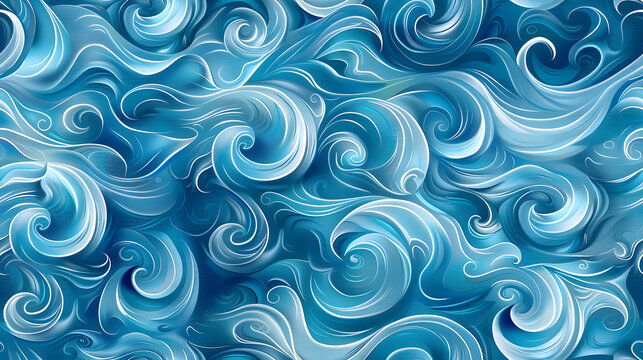 A seamless pattern illustrating ocean waves in calming shades of blue. This repeating design showcases the dynamic flow of water, ideal for aquatic-themed backgrounds and decorative projects.
