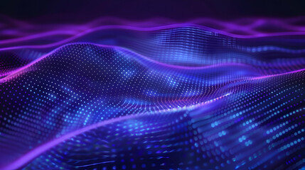 Abstract background with blue glowing digital mesh waves on dark purple surface, 3D rendering, abstract futuristic wallpaper design for business presentations, high detail, 8k