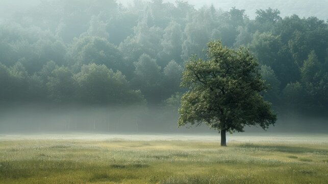A gentle blur of muted colors creates a peaceful background for a lone tree embodying the tranquil harmony of a quiet forest. .