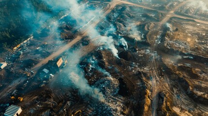 Aerial view of a landfill site emitting noxious fumes into the atmosphere, exacerbating air pollution - obrazy, fototapety, plakaty
