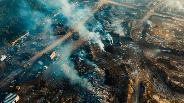 Aerial view of a landfill site emitting noxious fumes into the atmosphere, exacerbating air pollution
