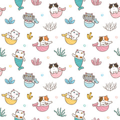 Seamless Pattern with Cartoon Mermaid Cat and Coral Design on White Background