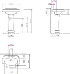 vector illustration design sketch drawing of monoblock hand washing sink with detailed size scale