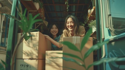 Two cheerful young women organizing boxes in a bright retro van surrounded by plants.