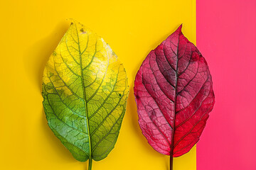 Two contrasting colored leaves against a bright background