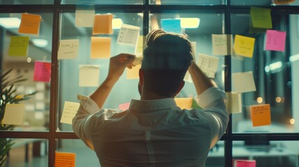 Focused businessman organizing project tasks on sticky notes on glass wall in modern office at night. - Powered by Adobe