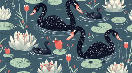 Seamless pattern with black swans and brood of cygnet