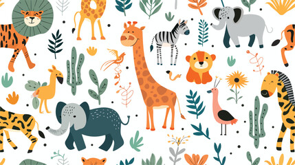Seamless pattern with exotic animals on white background
