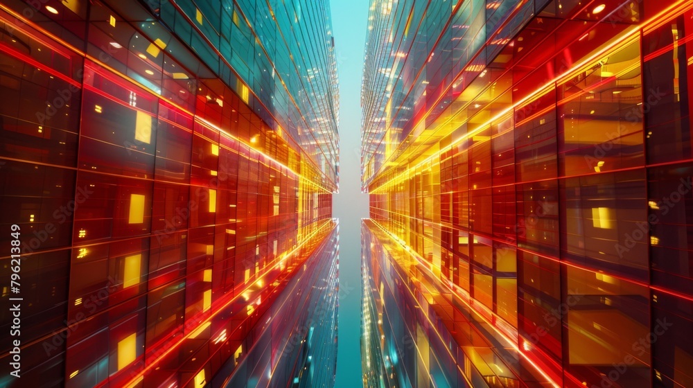 Poster an abstract view of a high-rise building illuminated by colorful lights, with reflections dancing ac