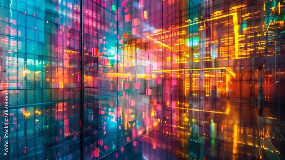 Poster an abstract view of a high-rise building illuminated by colorful lights, with reflections dancing ac