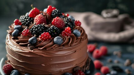  decadent chocolate cake with layers of rich chocolate ganache and a smooth buttercream frosting, decorated with fresh berries and chocolate shavings. 