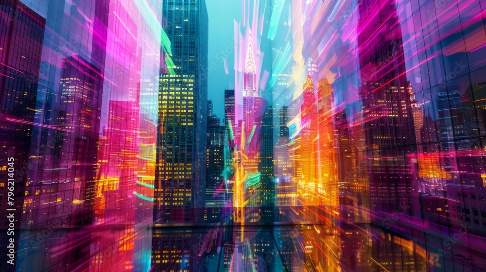 Poster an abstract view of a high-rise building illuminated by colorful lights, with reflections dancing ac