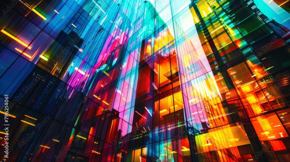 Poster an abstract view of a high-rise building illuminated by colorful lights, with reflections dancing ac