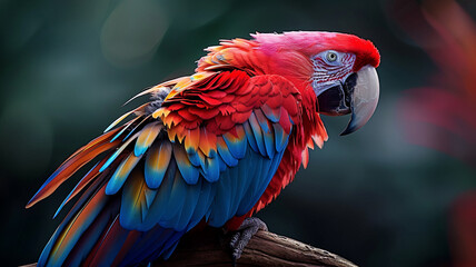Vibrant macaw perched on branch feathers multi colored, AI Generative.