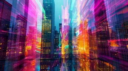 An abstract view of a high-rise building illuminated by colorful lights, with reflections dancing across its mirrored facade, creating a mesmerizing visual symphony.