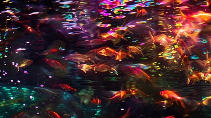 Soft lights of rainbowhued fish dance and twirl creating an otherworldly blur of aquatic magic. .