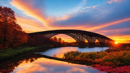 Fantastic Autumn Landscape. Amazing sunset With colorful sky in Azalea Rakotz Bridge,