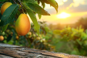 Tropical fruit mango hanging from tree, rustic wooden table and sunset at organic farm.