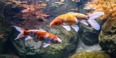Aqua garden with vibrant Japanese koi fish in a clear river pond.