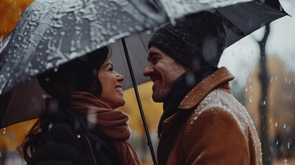 A loving couple embraces under an umbrella in the rain, enjoying their relationship and each other's company in a leisurely moment at the park.