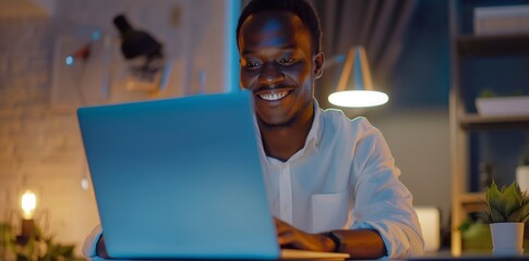 Cheerful young Black man working on laptop at nighttime in a cozy home office setup.