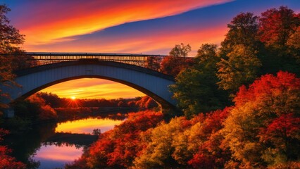 Obraz premium Fantastic Autumn Landscape. Amazing sunset With colorful sky in Azalea Rakotz Bridge,