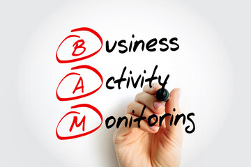 BAM - Business Activity Monitoring is software that aids in monitoring of business activities, acronym text concept with marker - 796215052