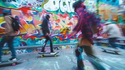Defocused image 3 In this image a graffiticovered skate park serves as a defocused background as a group of skateboarders and rollerbladers glide by in a blur of movement. The bright .
