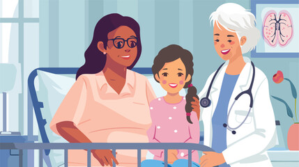 Senior woman with her granddaughter and doctor in hos - obrazy, fototapety, plakaty