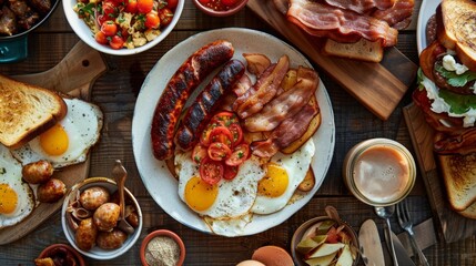 An aerial view of a classic American breakfast spread with eggs, bacon, sausage, and toast