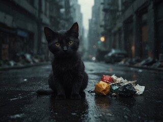 black kitten wet from the rain in the middle of the road with a lot of trash on the ground. The black kitten is in tears. The black kitten is wearing only one dirty, torn piece of clothing.