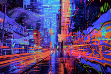 Urban scene with graffiti tags in neon colors, capturing the essence of modern hi-tech and futuristic city life