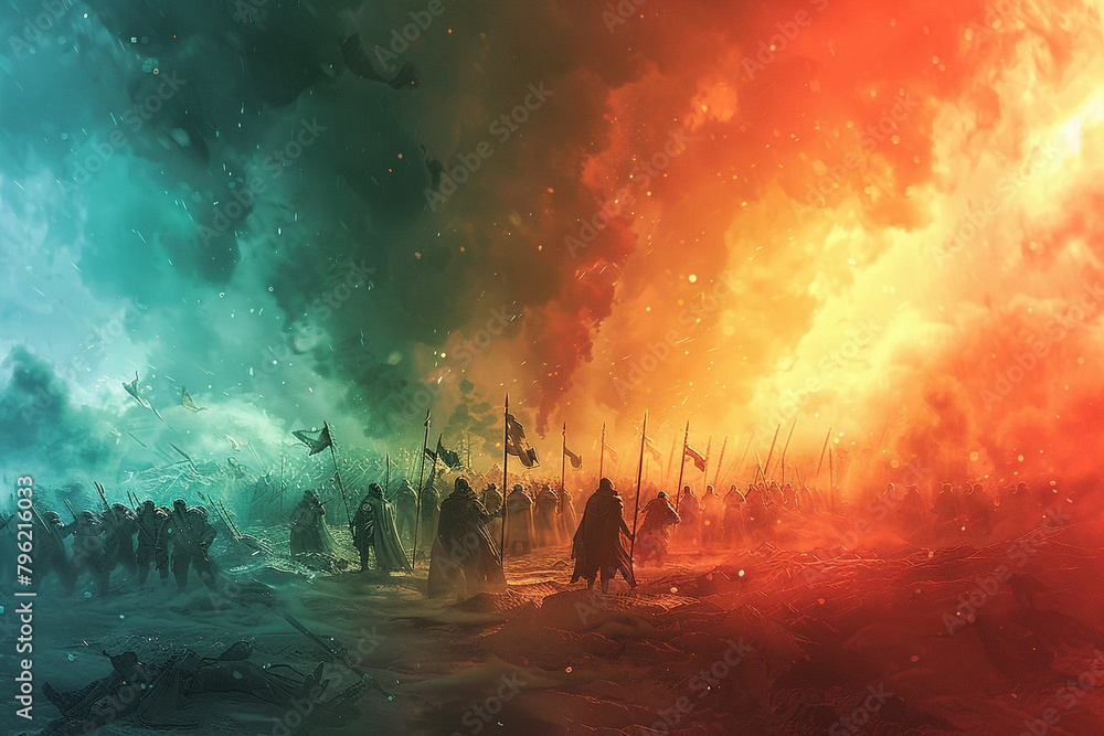 Poster use color gradients to convey the shifting allegiances and alliances in proxy conflicts