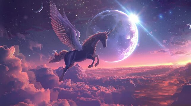 a winged horse that flies in the sky on a very beautiful full moon night. seamless looping time-lapse virtual 4k video Animation Background.