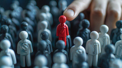 Selecting a leader amid white icons, the red icon stands out. HR points to the standout shirted figure, symbolizing exceptional leadership qualities, guiding the team forward effectively.