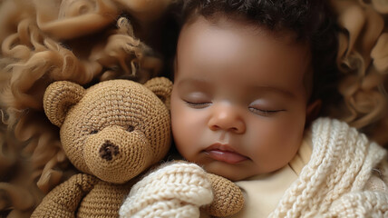 Cute baby sleeping with teddy bear, AI Generative.