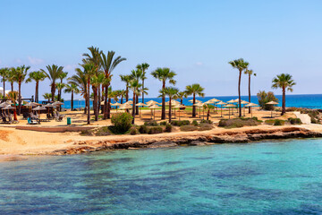 Palm trees and beach on the island. Ayia Napa beach in Cyprus