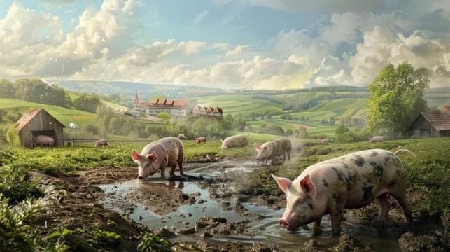  pig farm with pigs contentedly wallowing in a mud bath, surrounded by rolling hills and a picturesque countryside landscape.  
