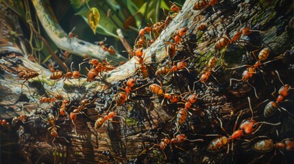 An ant colony bustling with activity on a tree trunk, illustrating the industriousness of insects