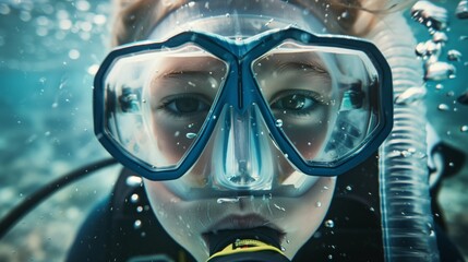 Close-up of a young person underwater wearing a diving mask and snorkel.