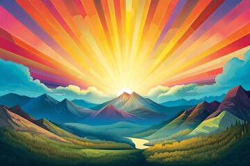 Vibrant Sunflare Over Mountain Gradients: Radiant Artwork of Mountain Majesty
