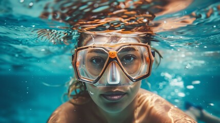 Naklejka premium Close-up of a young woman submerged in water, wearing an orange diving mask.
