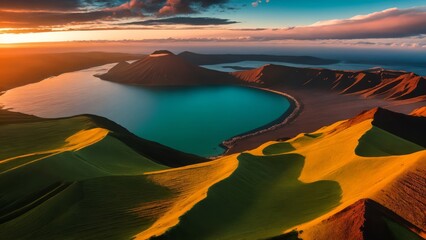 Azores, Faial island - Aerial view from drone to green volcano Caldeira at sunrise, Portugal, Alienscape landscape, - obrazy, fototapety, plakaty